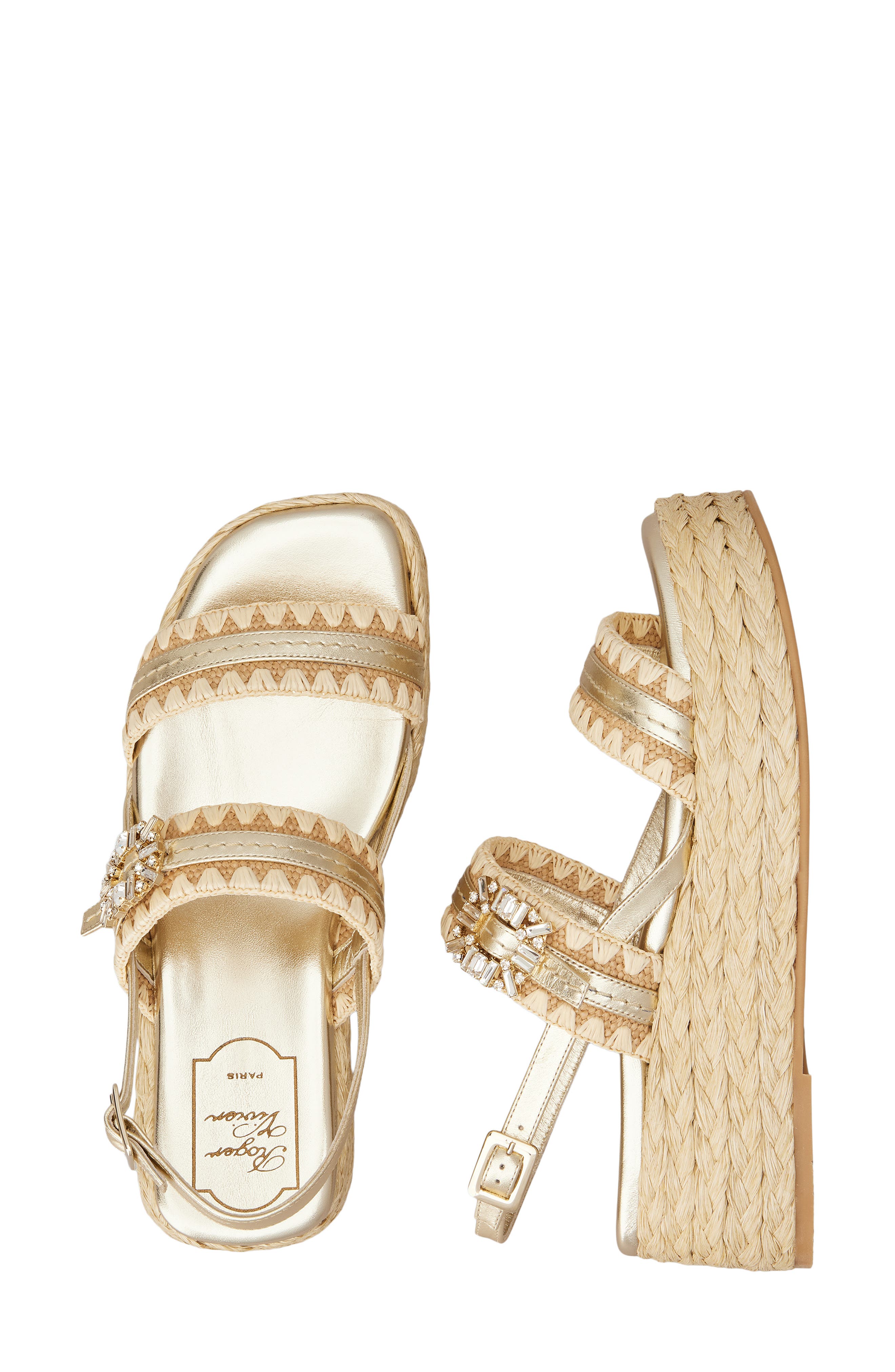 Roger Vivier Summer Crystal Embellished Platform Espadrille Sandal, Alternate, color, Crema Chiaro/ Oro