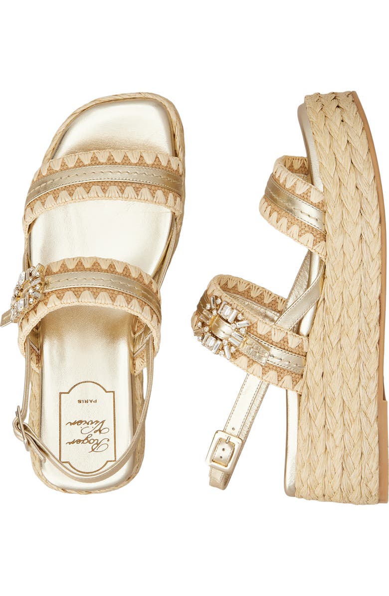 Roger Vivier Summer Crystal Embellished Platform Espadrille Sandal, Alternate, color, Crema Chiaro/ Oro