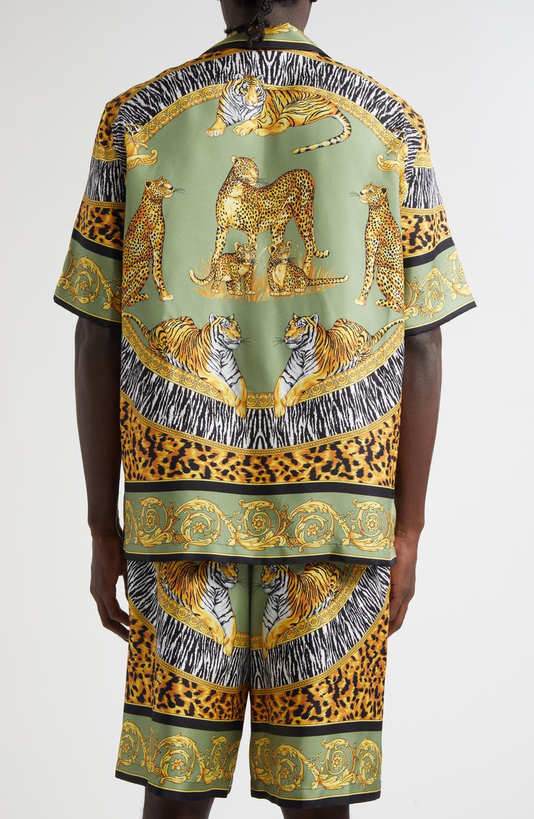 Versace Wild Cats Silk Camp Shirt, Alternate, color, Green Black