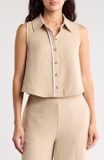 Love By Design Fiji Sleeveless Button-up Shirt In Natural/white