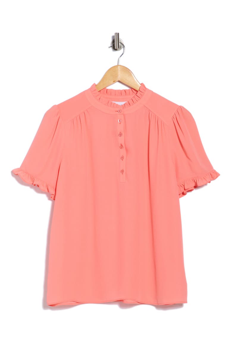 Ruffle Neck Short Sleeve Top, Alternate, color, CORAL