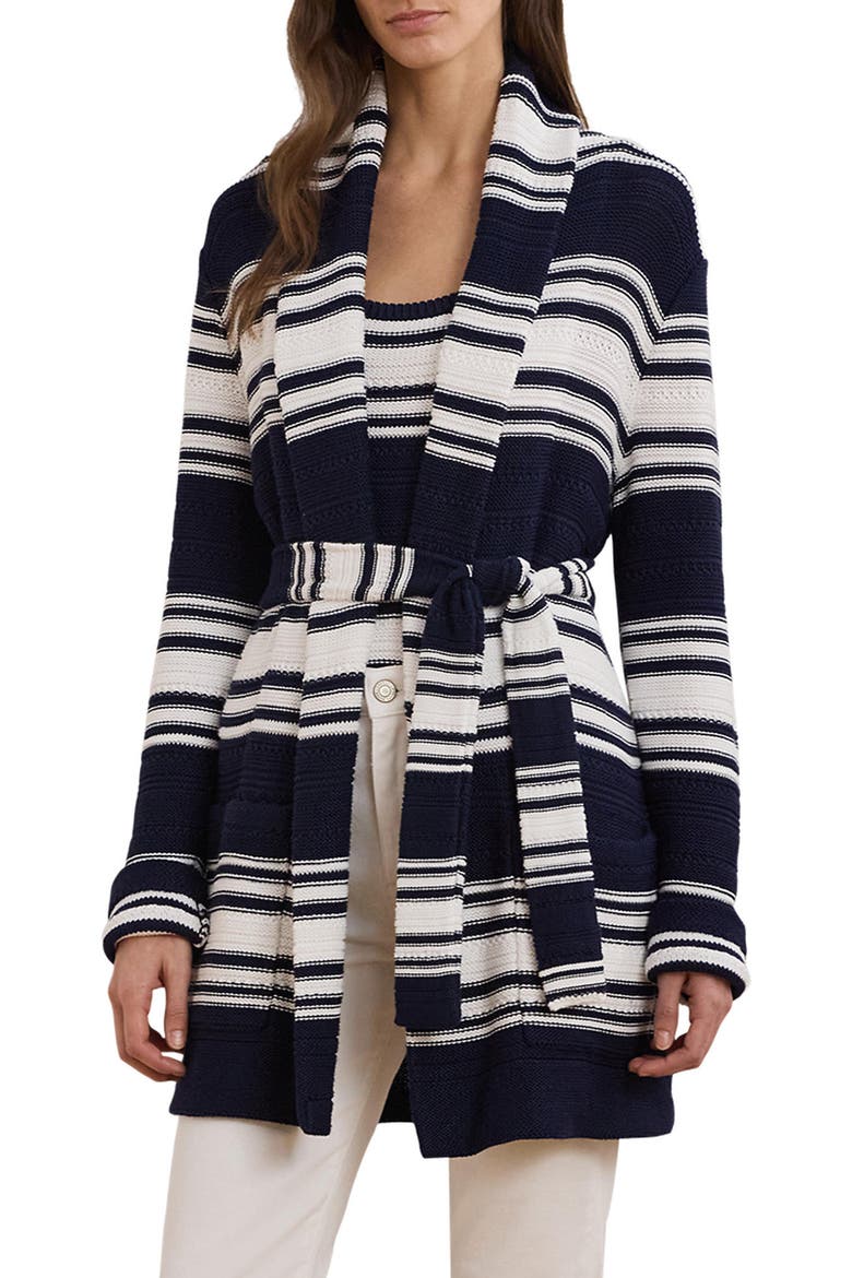 Stripe Belted Long Cardigan, Main, color, REFINED NAVY/ WHITE
