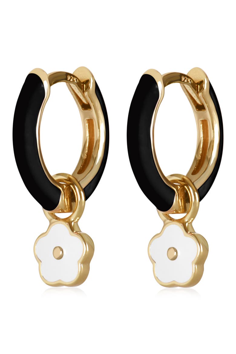Flower Charm Enamel Huggie Hoop Earrings, Alternate, color, BLACK