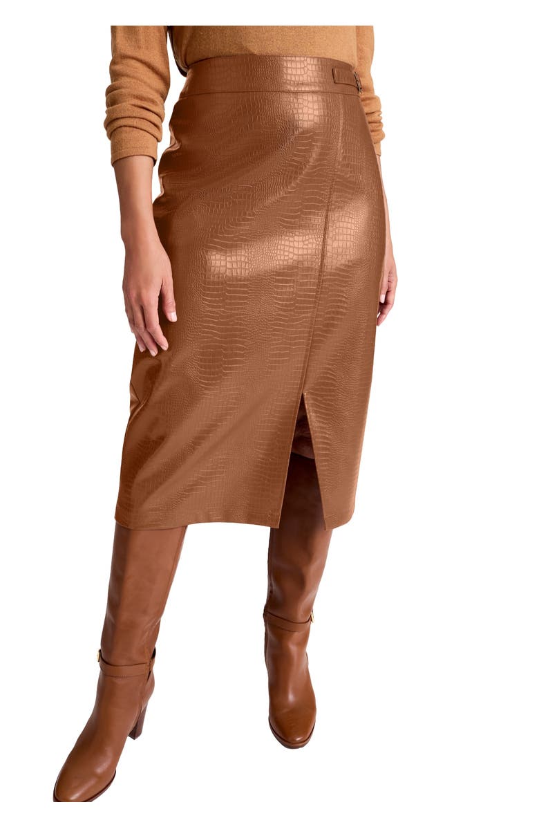 Jessica London Faux Leather Croc Wrap Skirt, Main, color, Cognac