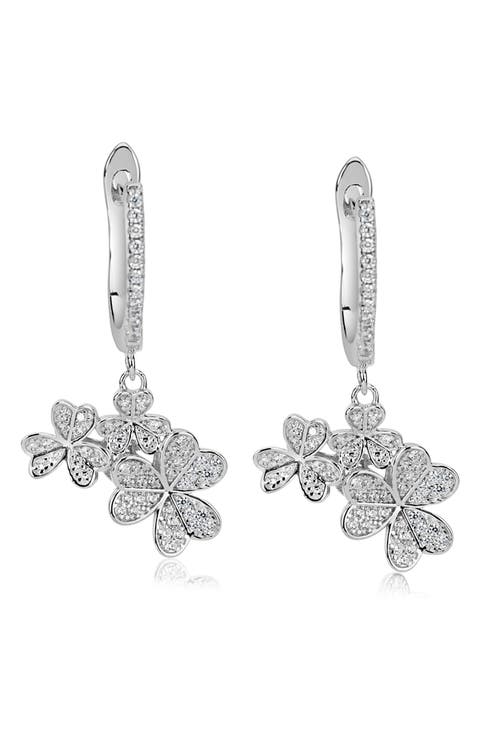 Sterling Silver Pavé CZ Cluster Clover Drop Earrings