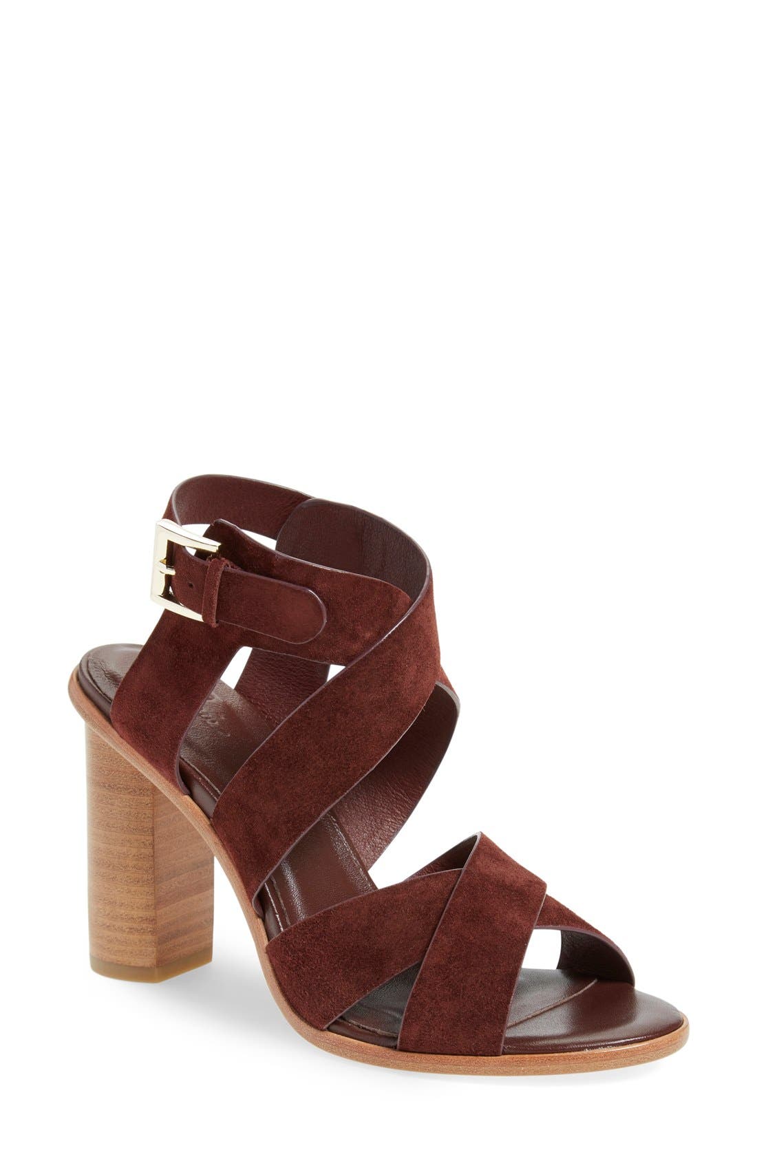 'Avery' Crisscross Block Heel Sandal, Main, color, OXBLOOD SUEDE