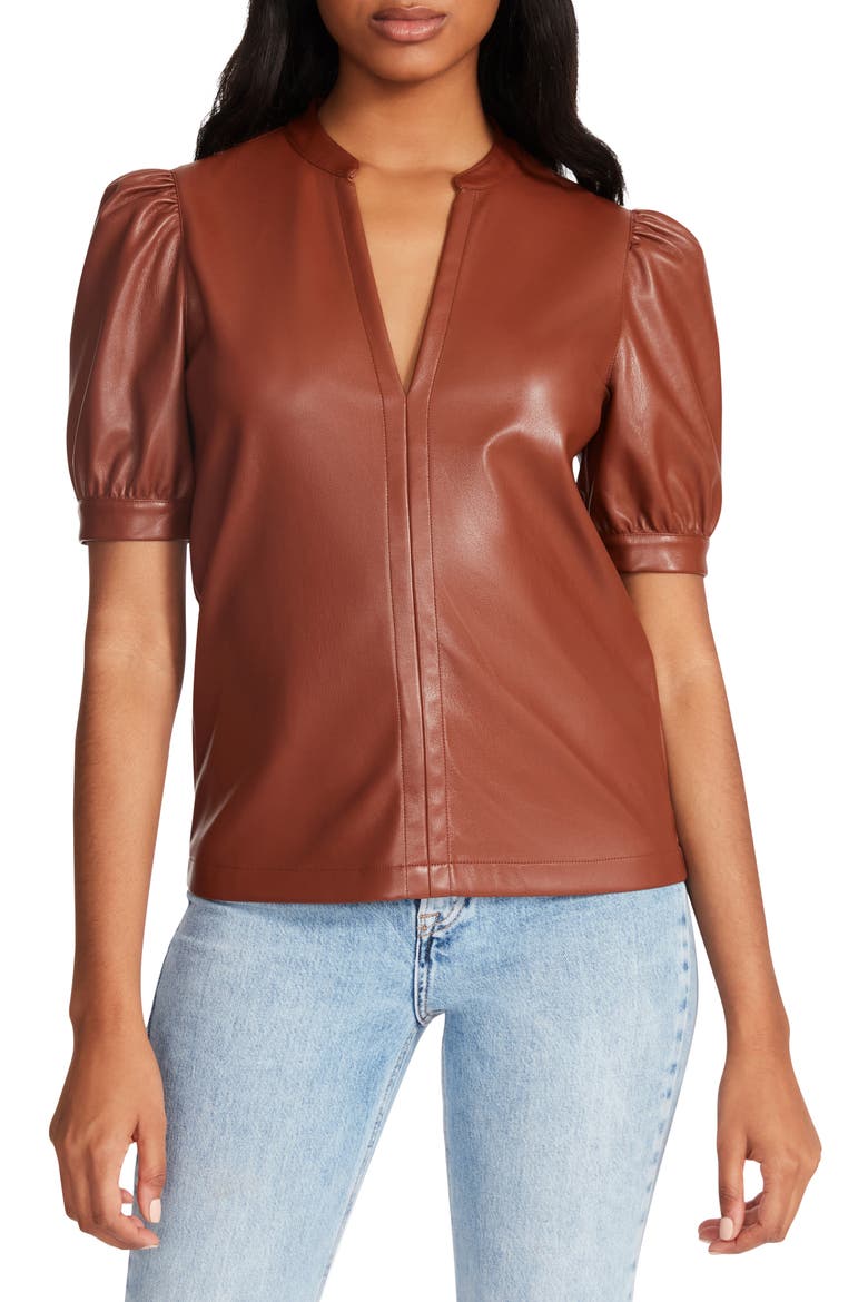Jane Puff Sleeve Faux Leather Top, Main, color, COGNAC