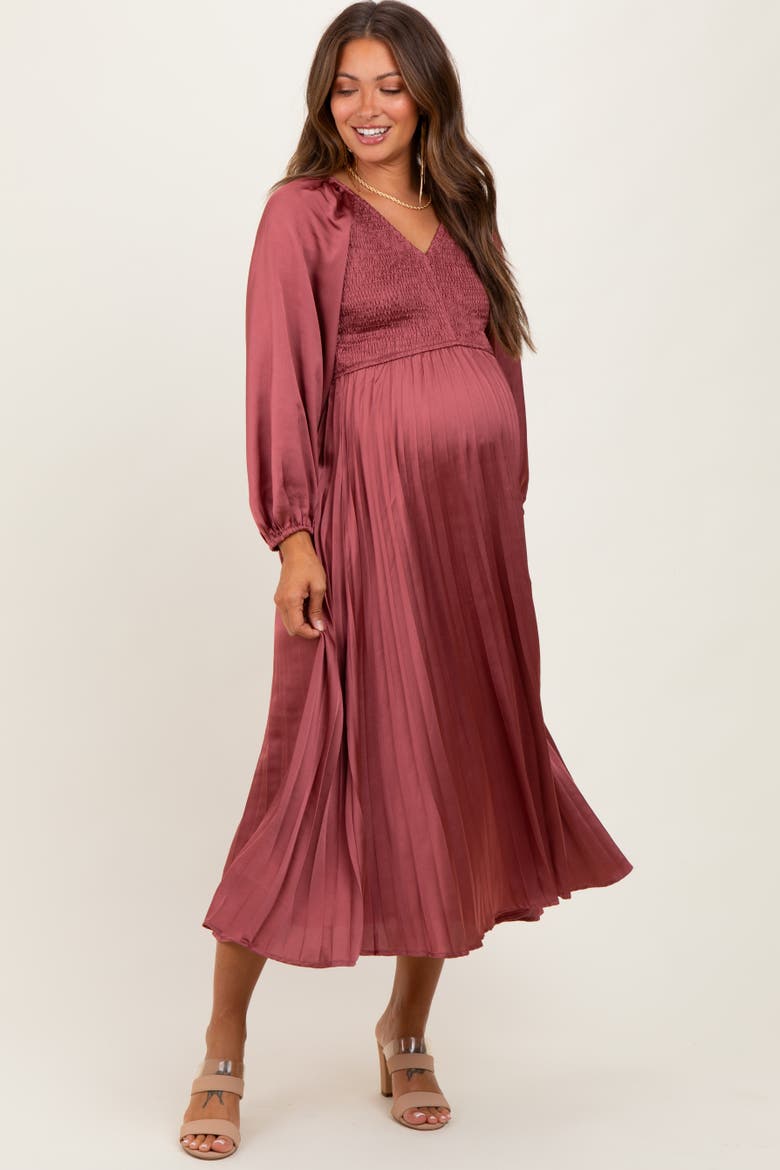 Satin Smocked Pleated Midi Dress, Alternate, color, Mauve