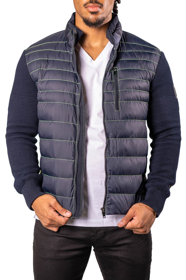 Quilted & Knit Bomber Jacket, Alternate, color, BLUE