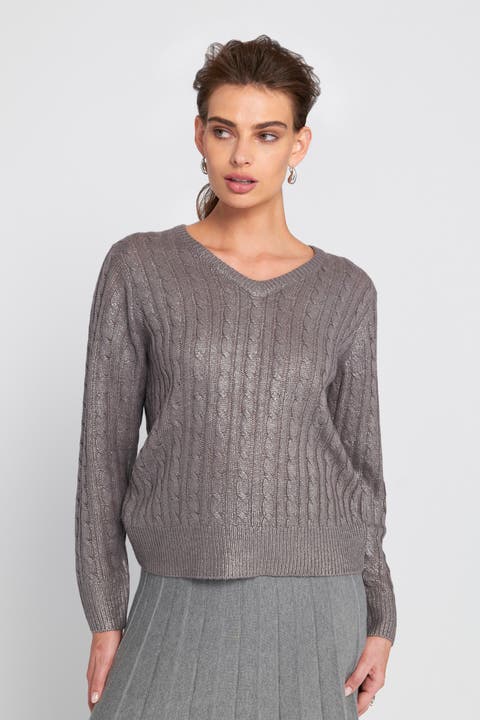 Metallic Cable Knit Embellished Sweater