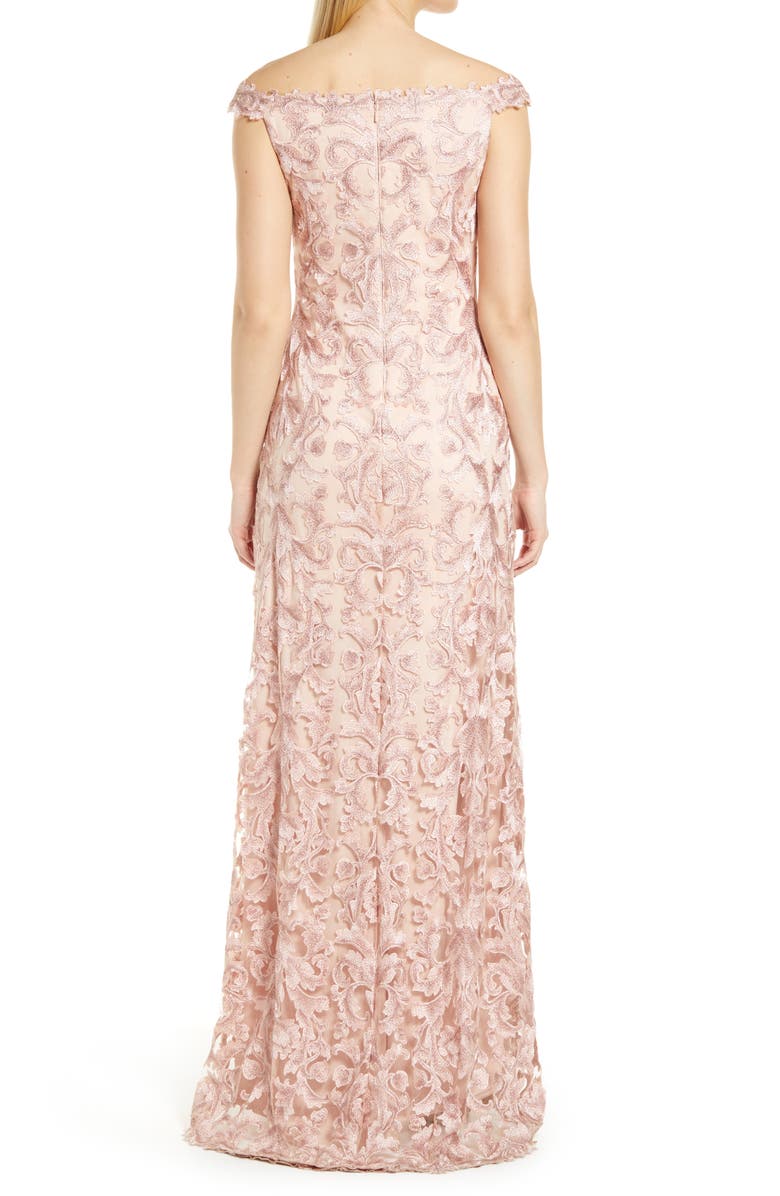Tadashi Shoji Off the Shoulder Cap Sleeve Embroidered Lace Gown, Alternate, color,