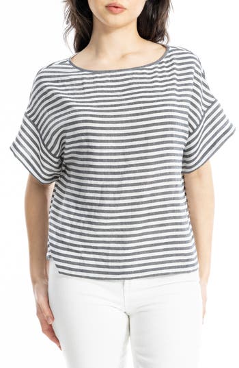 Max Studio Stripe Crinkle Drop Shoulder Top In White