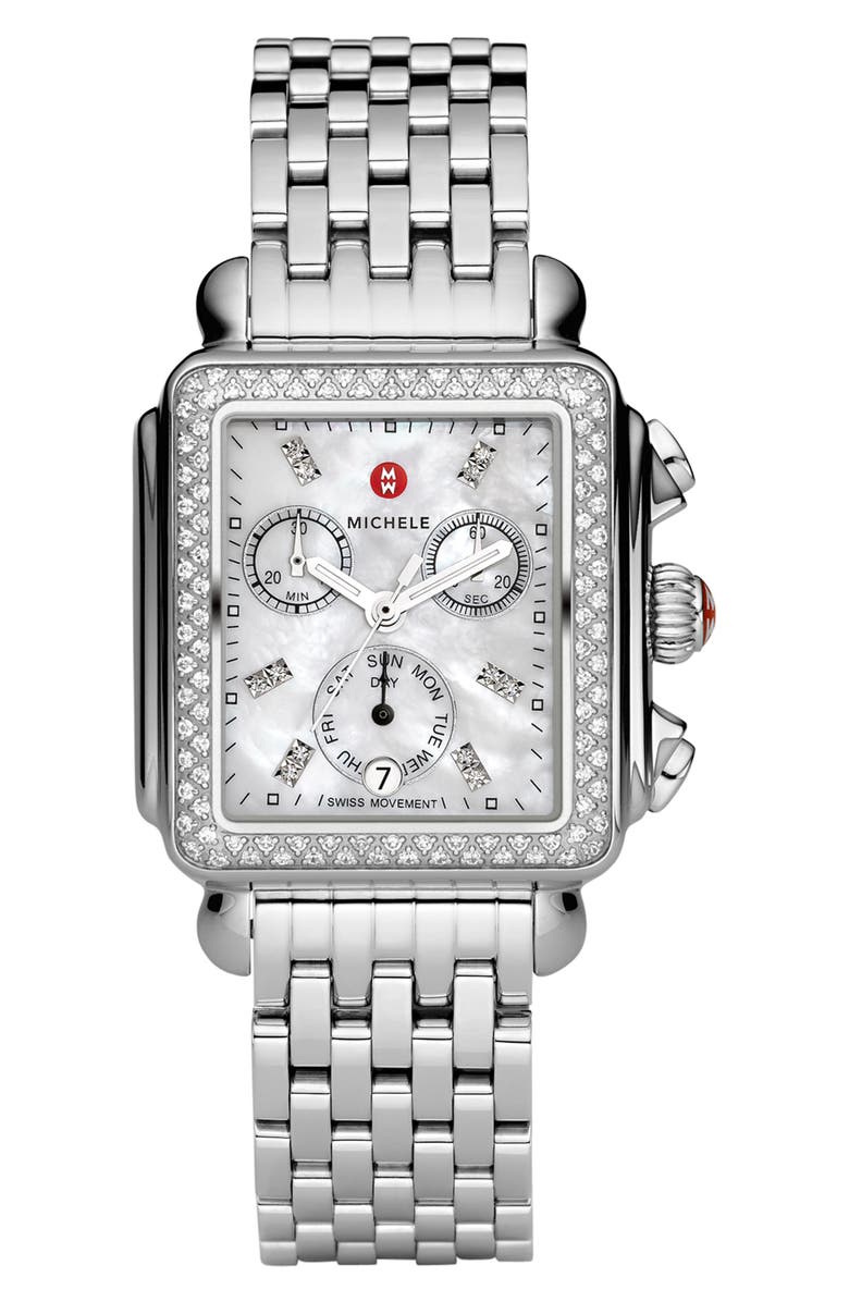 MICHELE Deco Diamond Chronograph Watch Head & Bracelet, 33mm, Main, color,