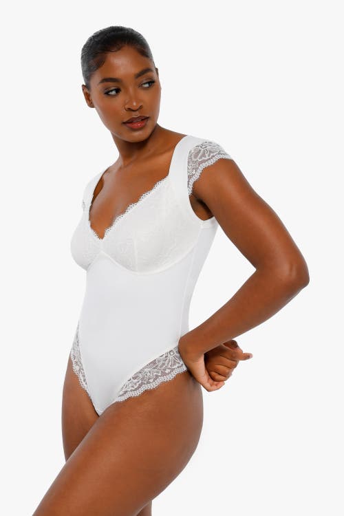 Popilush Shapewear Cap Sleeve Slimming Lace Cup Bodysuit In White