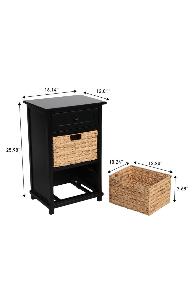 Malibu Rustic Handcrafted Acacia Wood Accent Storage Nightstand with Drawer and 2 Water Hyacinth Woven Baskets, Alternate, color, Black