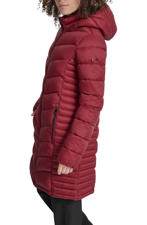 Dkny Cire Packable Hooded Longline Puffer Jacket In Burgundy