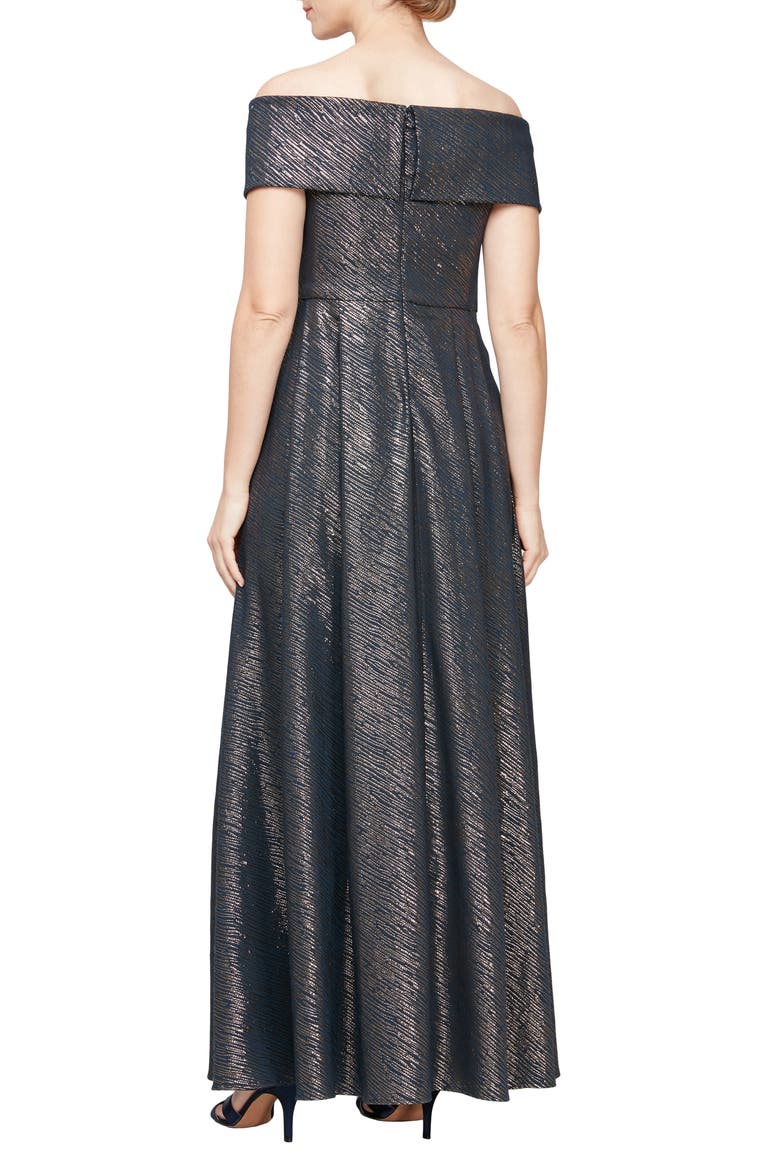 Metallic Off the Shoulder Ballgown, Alternate, color, NAVY GOLD