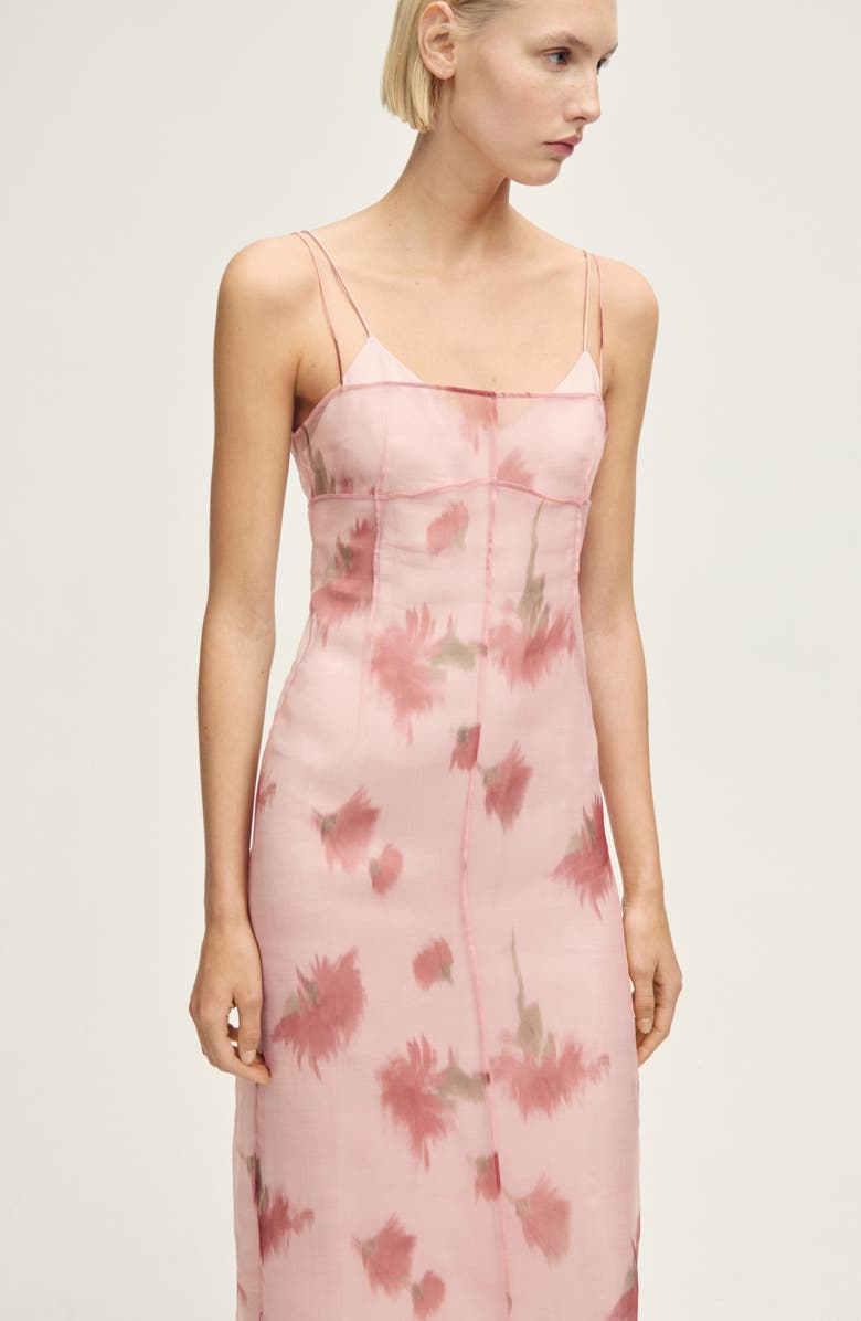 MANGO Floral Print Chiffon Overlay Midi Dress, Alternate, color, Pastel Pink