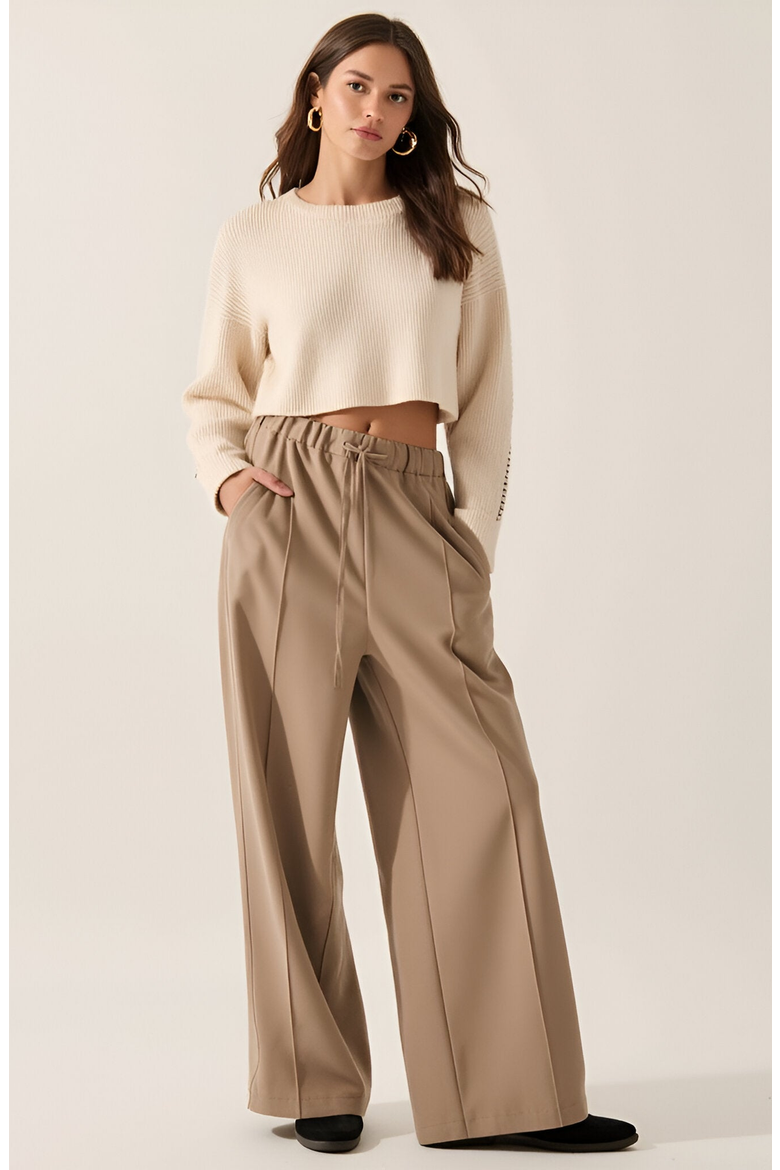 Wide-Leg Front-Seam Elastic Drawstring Waist Trousers, Alternate, color, Beige