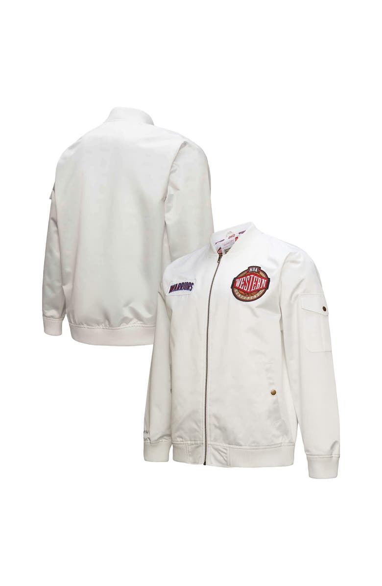 Mitchell & Ness Men's Mitchell & Ness White Golden State Warriors Hardwood Classics Nights Team Leader Satin Full-Zip Jacket, Alternate, color, White