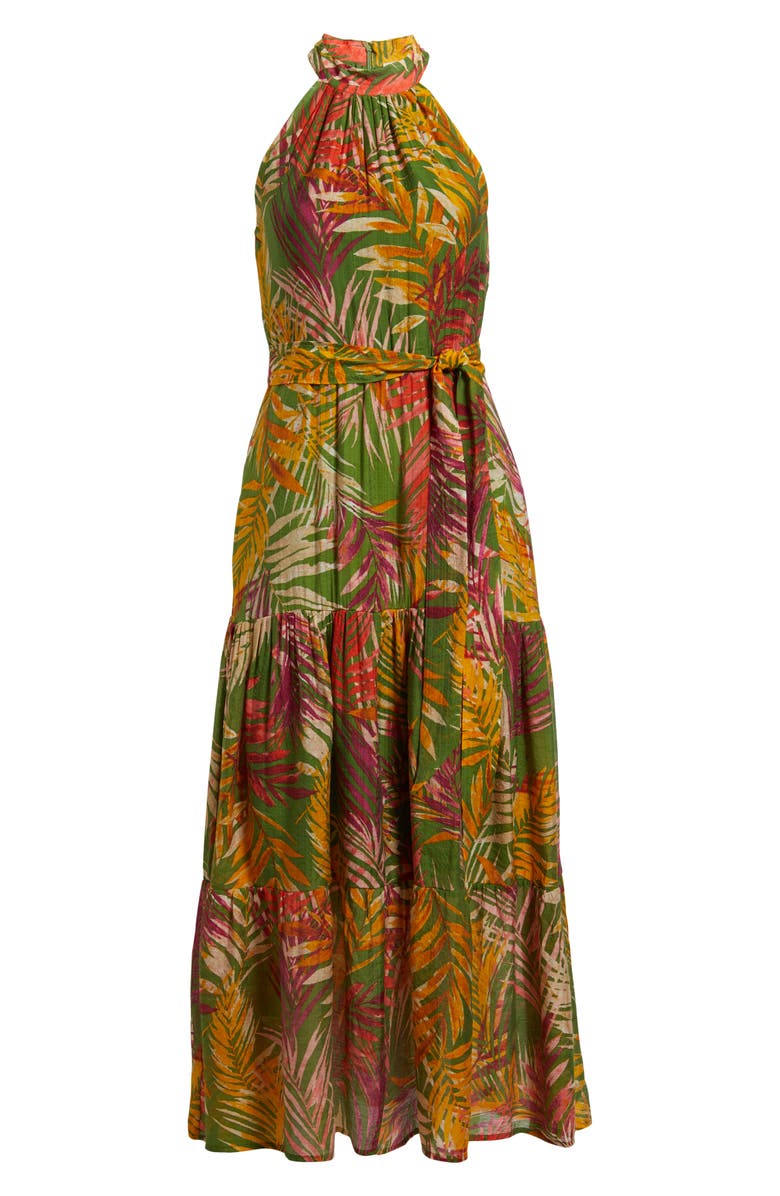 Anne Klein Patio Leaf Print Halter Neck Tiered Midi Dress, Alternate, color, 