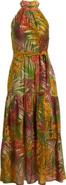 Anne Klein Patio Leaf Print Halter Neck Tiered Midi Dress
