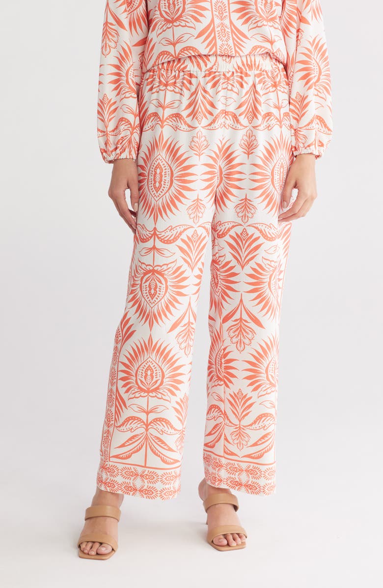 Gemma + Jane Wide Leg Border Print Pants, Main, color, Sunkissed Orange / Ivory