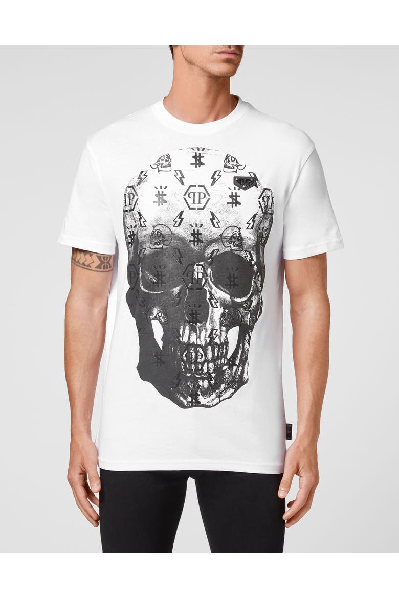 T-Shirt Round Neck Ss Print Skull Unisex, Main, color, white/black