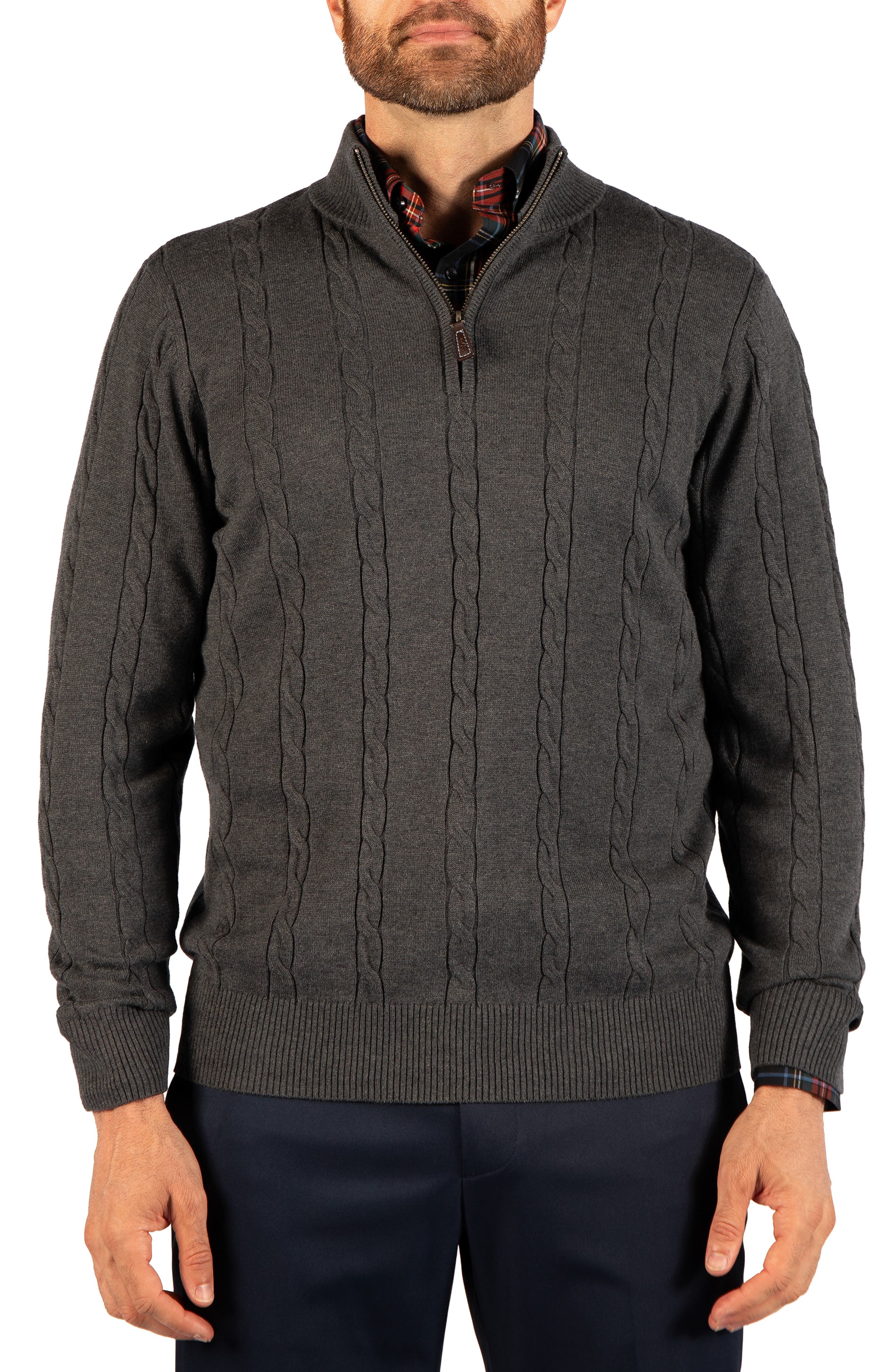 Tailorbyrd Cable Knit Quarter Zip Sweater In Charcoal