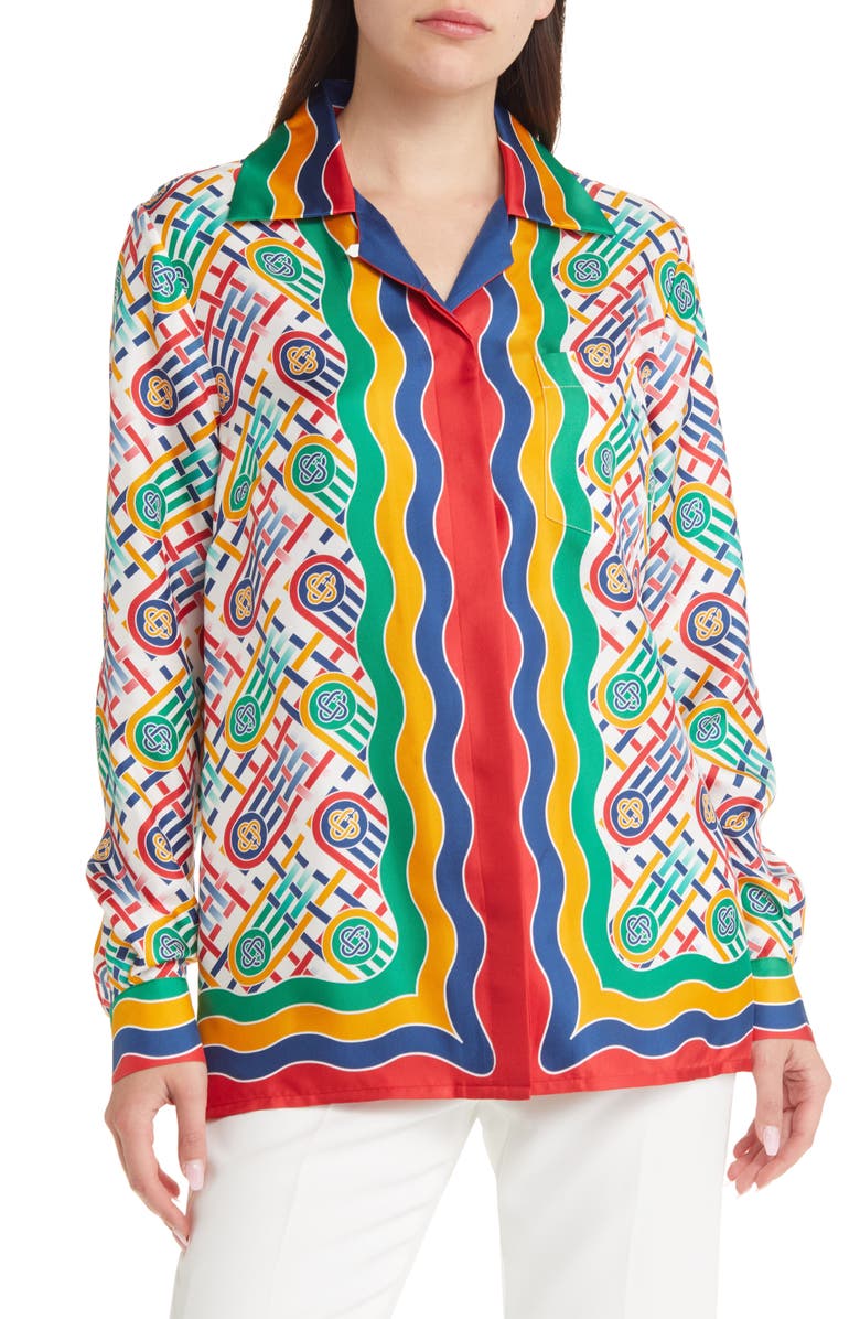 Casablanca Cuban Collar Long Sleeve Silk Blouse, Alternate, color, 