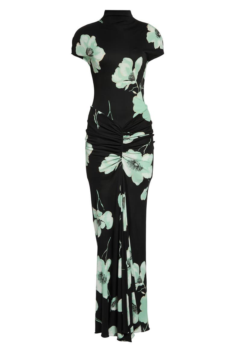 Floral Print Ruched Jersey Dress, Alternate, color, NOIR/ AQUA