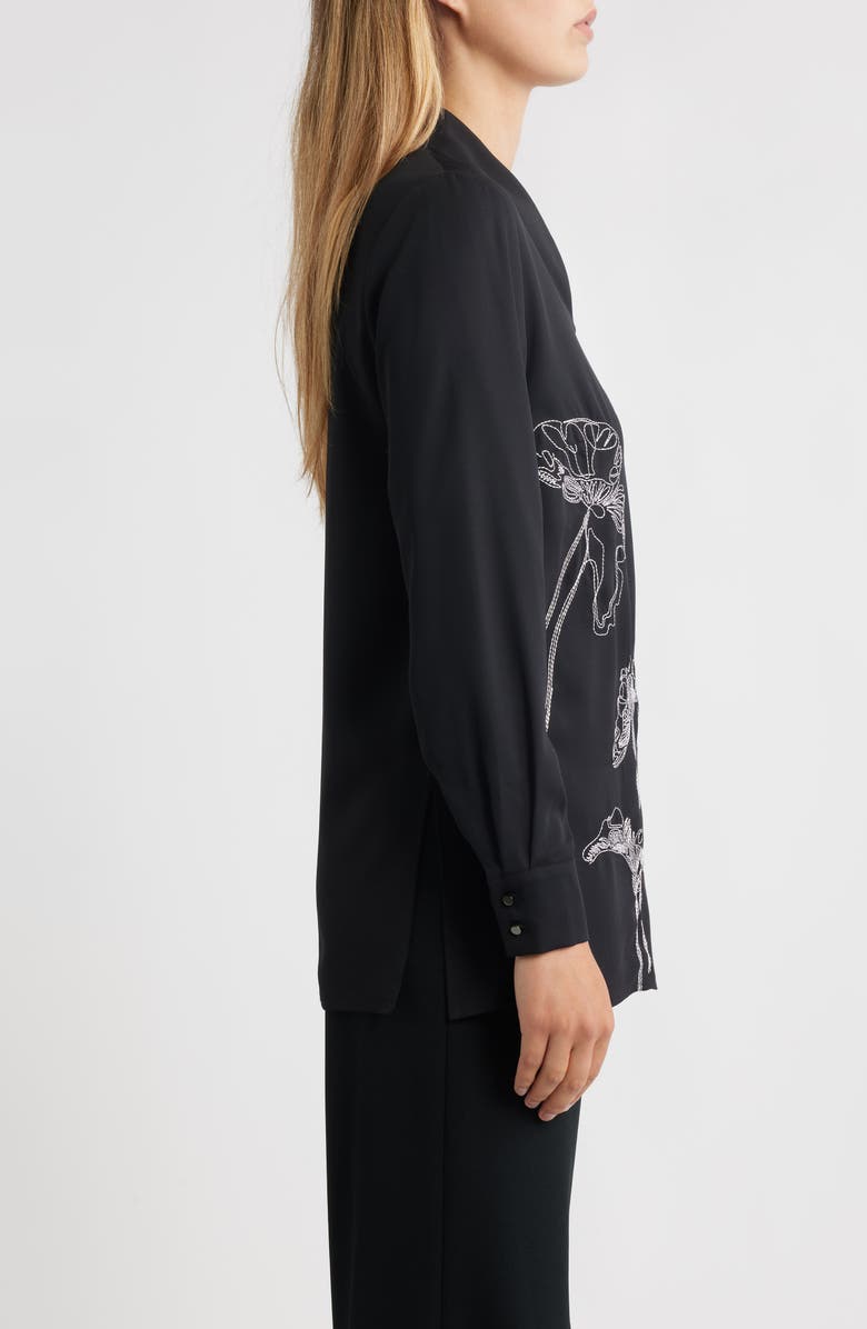 Misook Embroidered Crêpe de Chine Stand Collar Tunic, Alternate, color, Black/ White