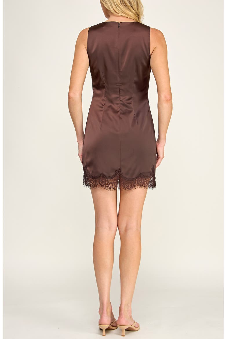 Lace Trimmed Satin Minidress, Alternate, color, BROWN