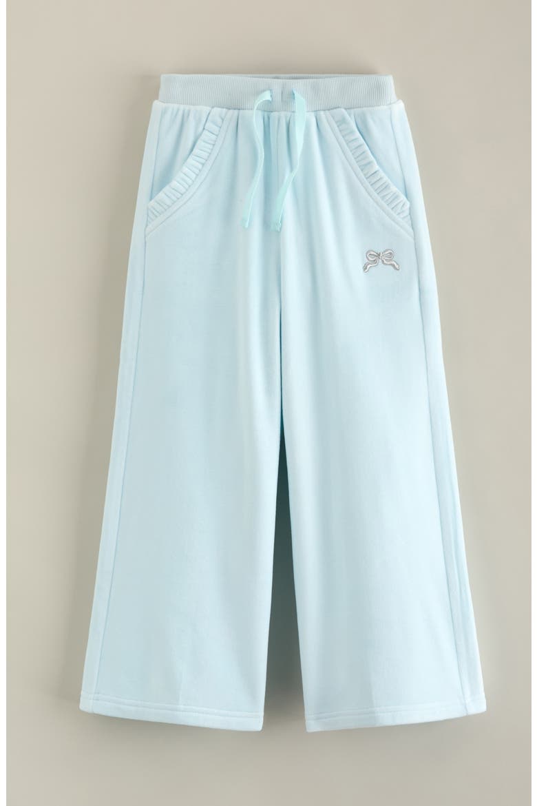 Kids' Ruffle Pocket Velour Pull On Pants, Main, color, BLUE SPRAY BOW EMBROIDERY