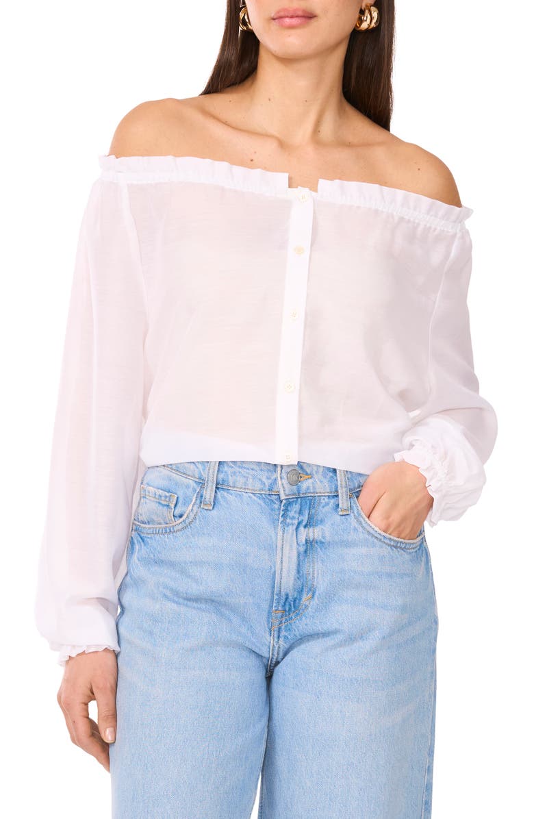 Two by Vince Camuto Off the Shoulder Long Sleeve Button-Up Top, Main, color, Ultra White