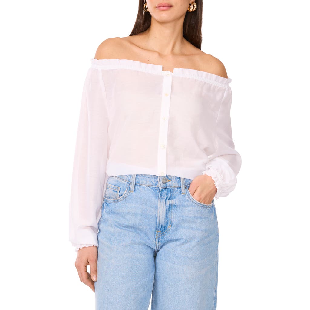 Two By Vince Camuto Off The Shoulder Long Sleeve Button-up Top In White
