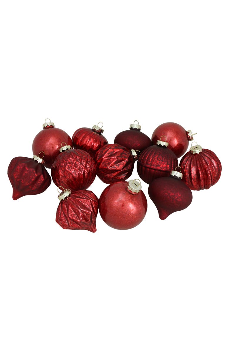 Northlight Mercury Style Onion and Ball Glass Christmas Ornament Set - 3" - Red - 12ct, Main, color, Red