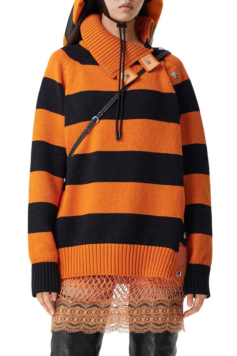 Stripe Snap Funnel Neck Sweater, Main, color, DEEP ORANGE