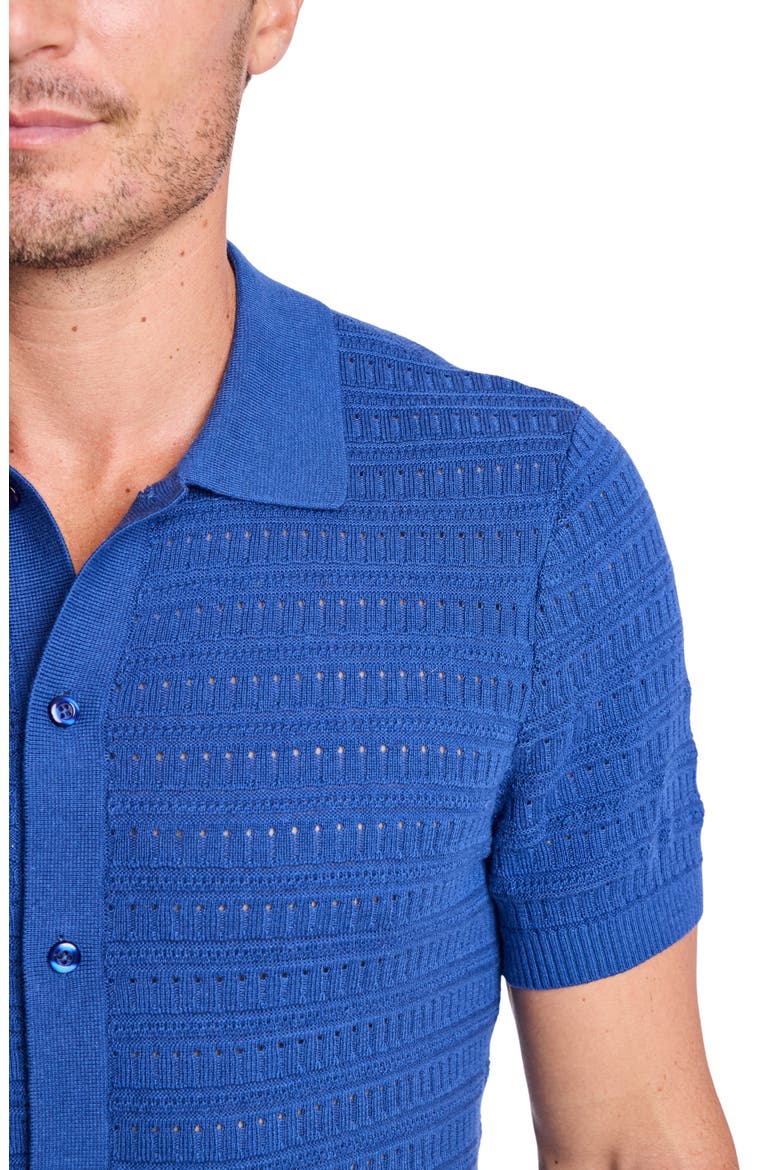 Trim Fit Geometric Knit Button-Up Polo, Alternate, color, DEEP DUSTY BLUE