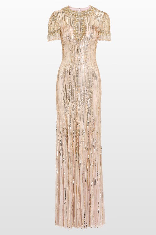 Jenny Packham Nova Sequin-embellished Keyhole-neck Maxi Dress In Brown