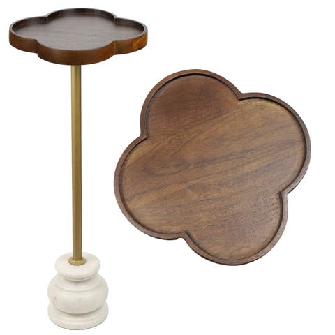 Colby 24.5" Classic Cottage Wood/Metal Drink Table and Decorative End Table with Quatrefoil Top and White Marble Base
