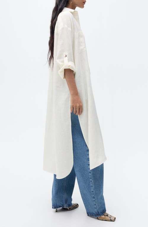 Mango Longline Linen Button-up Shirt In White