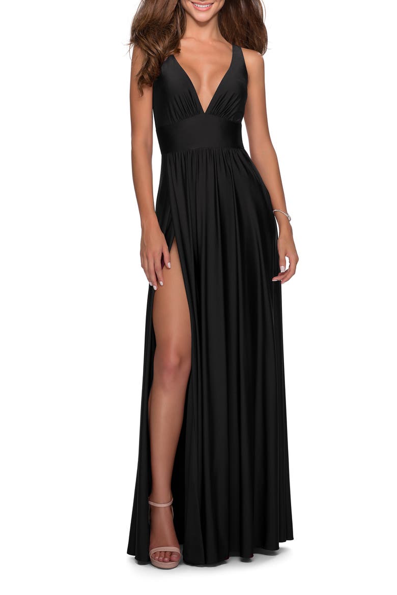 Empire Waist Gown with Deep V Neckline, Main, color, Black