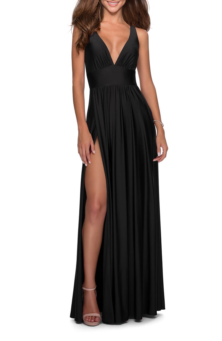 La Femme Empire Waist Gown with Deep V Neckline, Main, color, Black