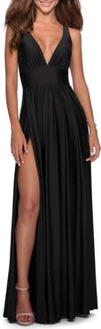 La Femme Empire Waist Gown with Deep V Neckline