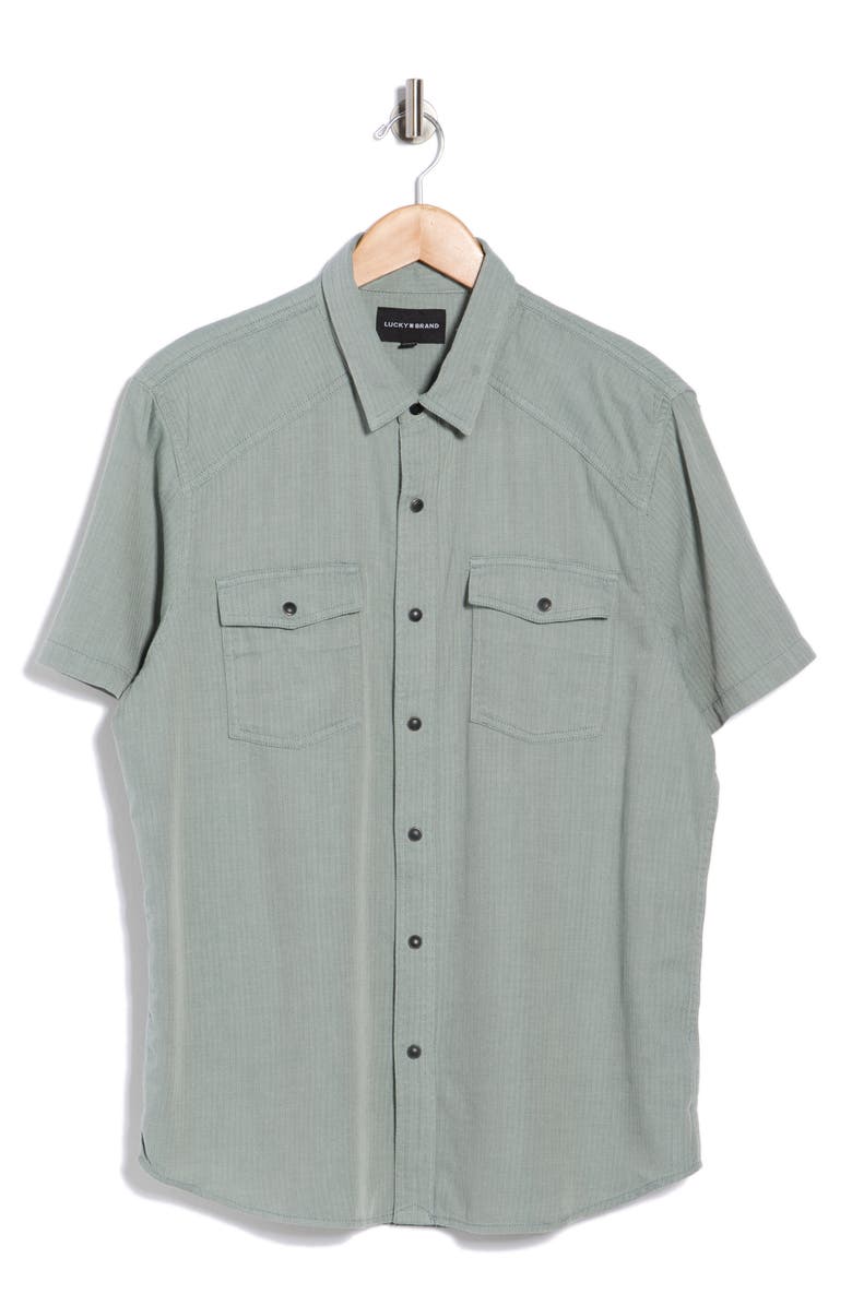 Lucky Brand Herringbone Short Sleeve Western Shirt, Main, color, Aqua Gray