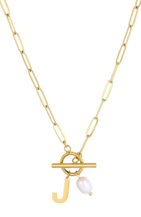 18K Gold Plated Pearl & Initial Toggle Pendant Necklace