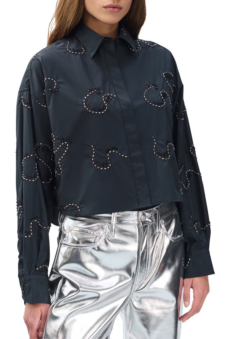 Beatrice Beaded Embroidered Button-Up Shirt, Alternate, color, BLACK EMBROIDERED