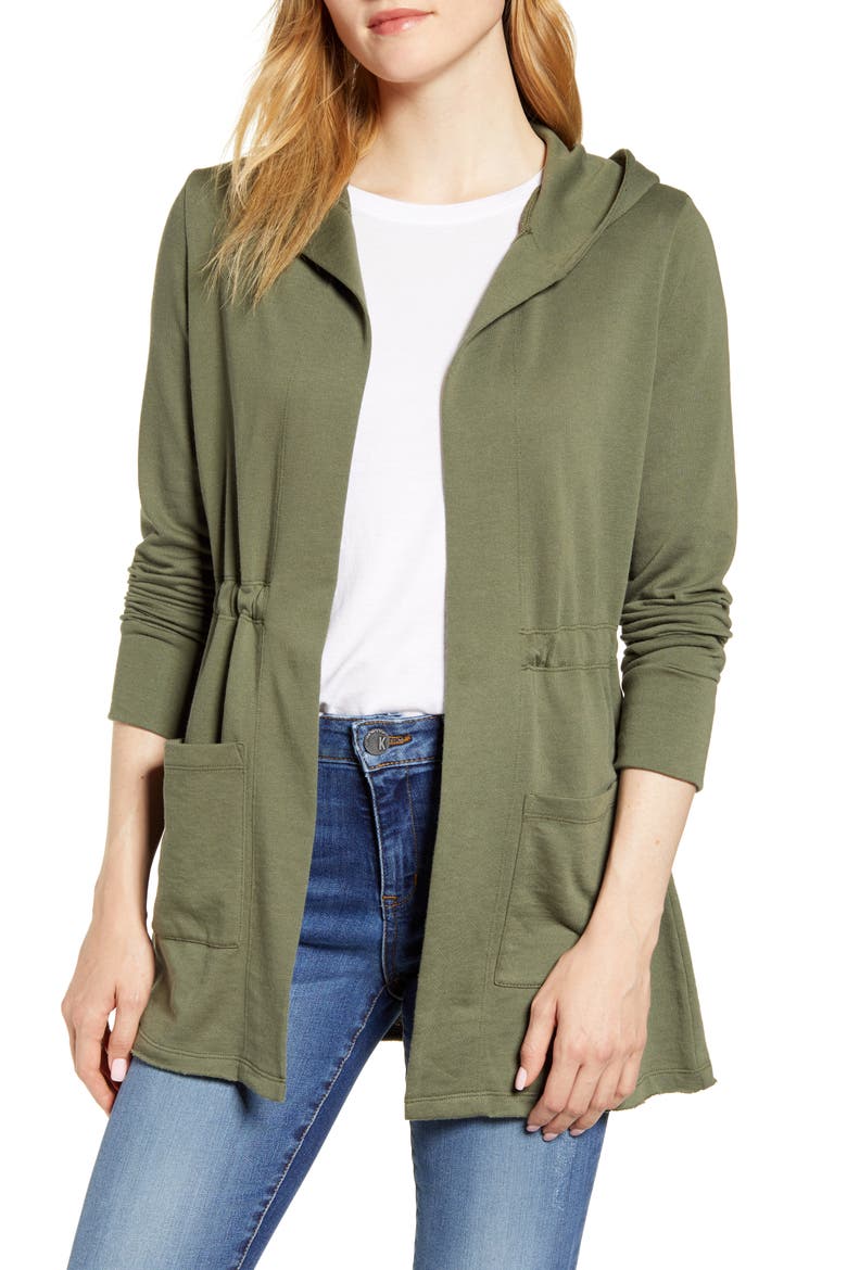 Hooded French Terry Cardigan, Main, color, GREEN BEETLE