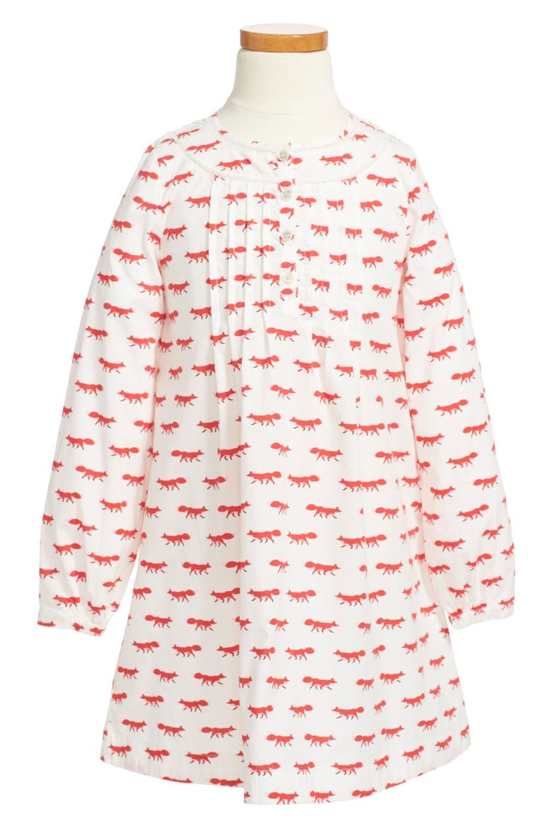 pintuck long sleeve fox print dress, Main, color, WALKING FOX PRINT